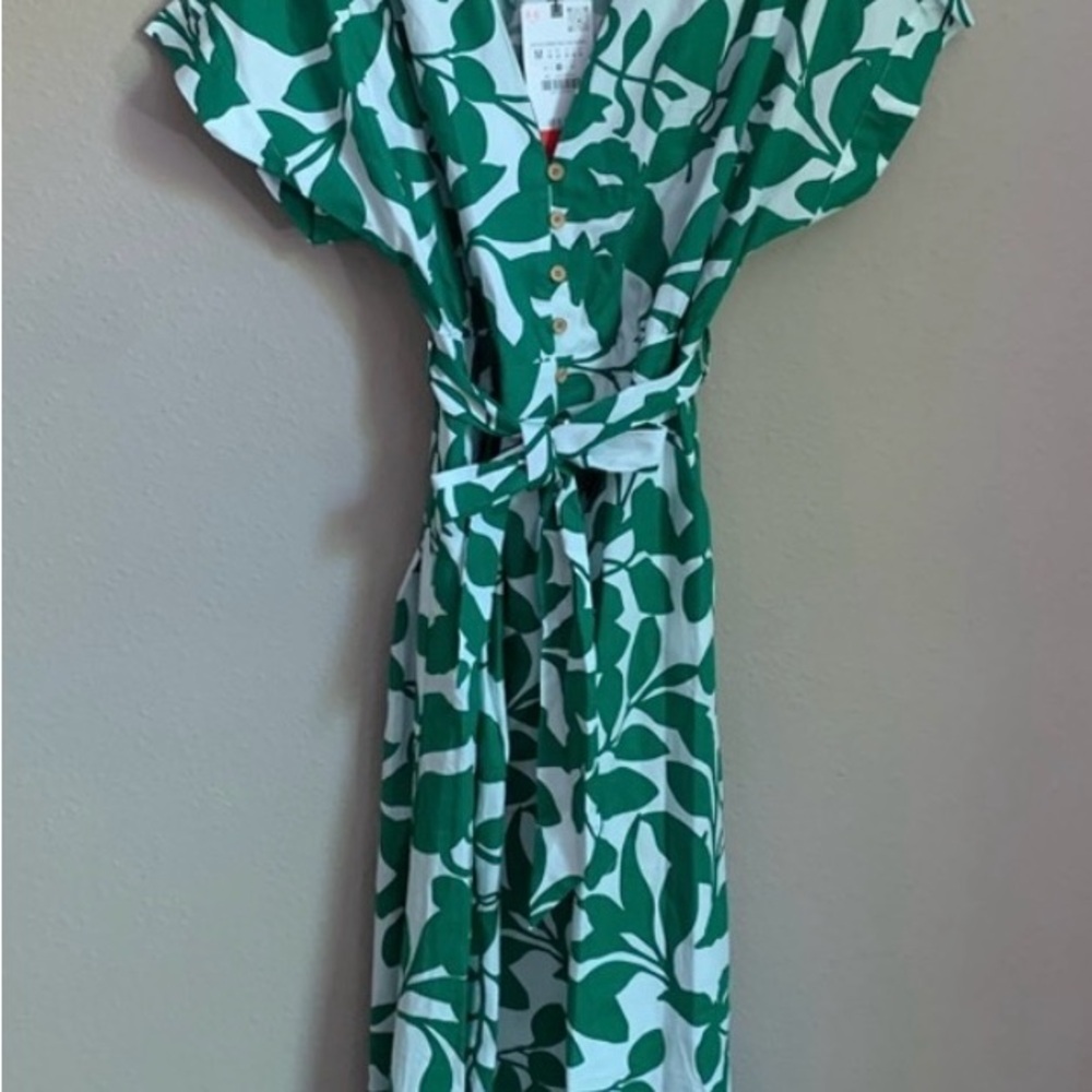 Zara Leaf Print Green and White Maxi Dress